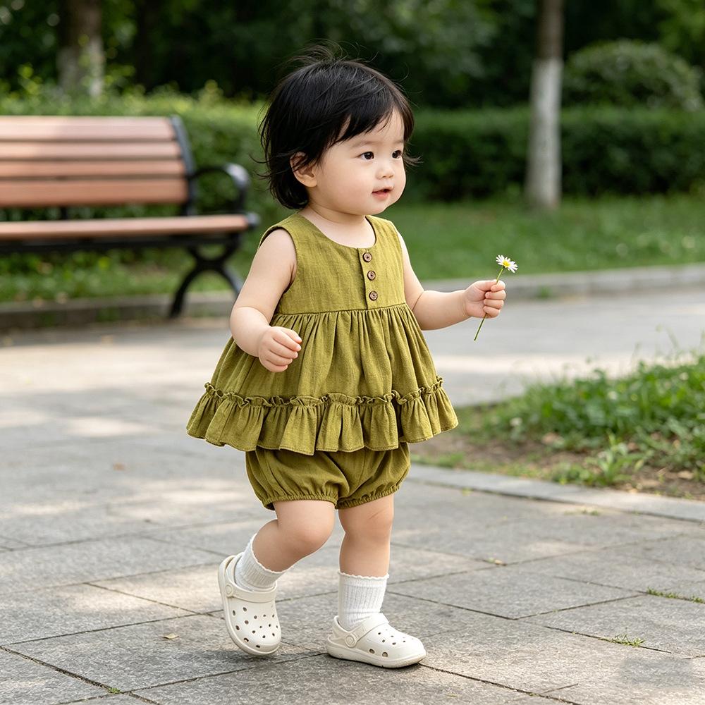 Girls Summer Cotton Linen Sleeveless Dress Set with Ruffled Hem and Pleats