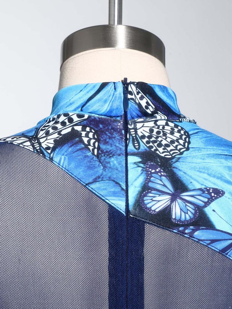 Гимнастический танцевальный купальник для девочек: Боди с высоким воротником, длинными рукавами, скрытой молнией сзади, сетчатыми вставками, принтом-бабочками и блестящими стразами