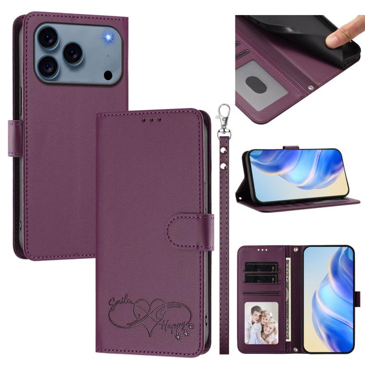 Happy Heart Pattern Magnetic Closure Vegan Leather Phone Case With Wrist Strap For iPhone Shockproof Protective Cover