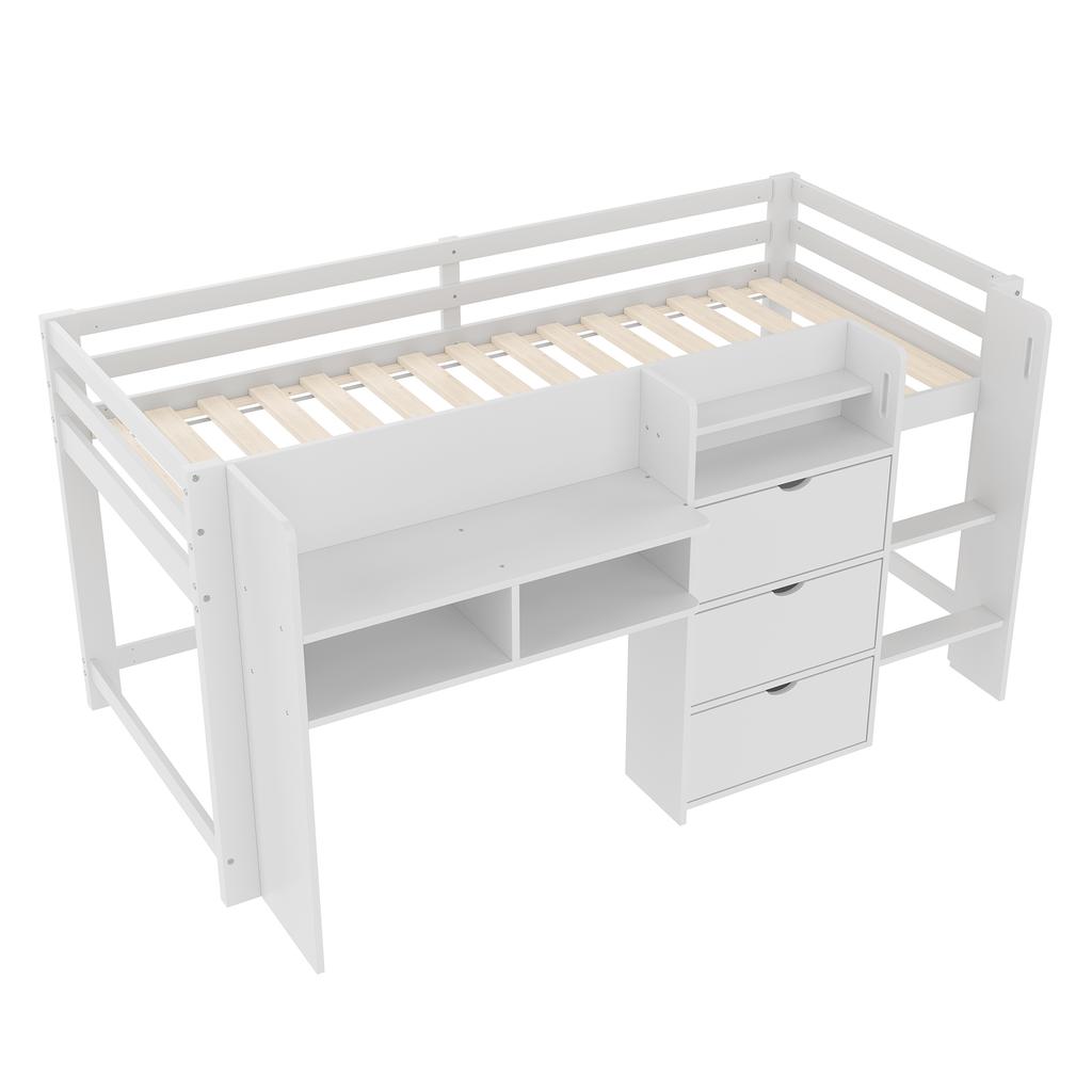 Half-high bed, 90x200 cm, house shape, multiple storage compartments, entertainment area under the bed, without mattress, white
