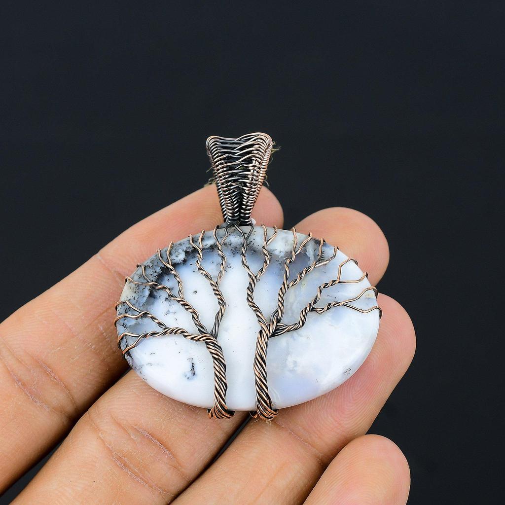 Double Tree Of Life Dendrite Opal Gemstone Copper Wire Wrap Handmade Pendant Jewelry Indian Jewelry For Her