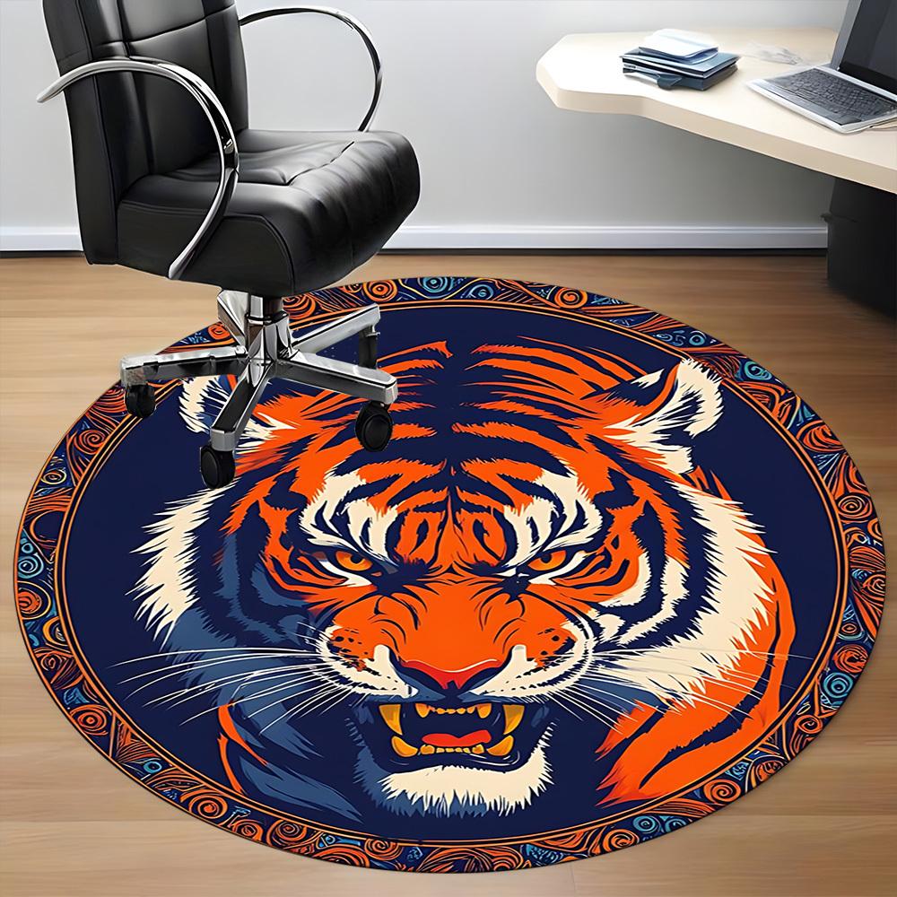 1pc Tiger Face Chair Carpet for Office, Round Polyester Mat, Indoor Decor for Office, Easycare Fabric, Washable Non-slip Area Carpet
