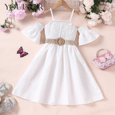 Модное летнее платье с открытыми плечами и поясом для девочек - сплошной цвет