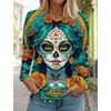 Spring and Autumn Round Neck Skull Pattern 3D Printed Top Day of the Dead Gothic Style T-shirts Fashionable Casual Long Sleeved Women's T-shirts