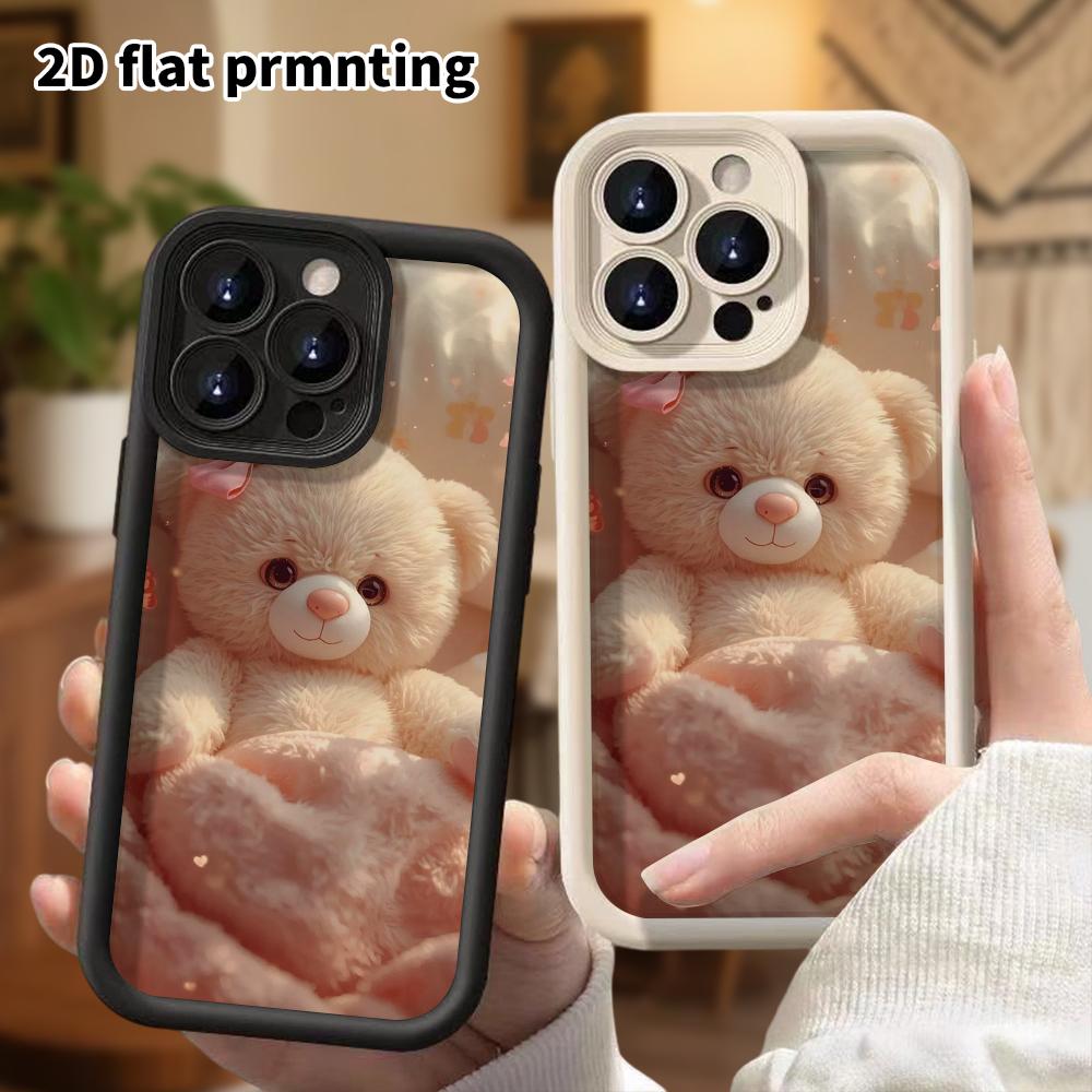 Phone case: 2D flat design suitable for iPhone 18 17 16 15 14 13 Pro tiered protective case, light cream bear, Christmas and Halloween gift