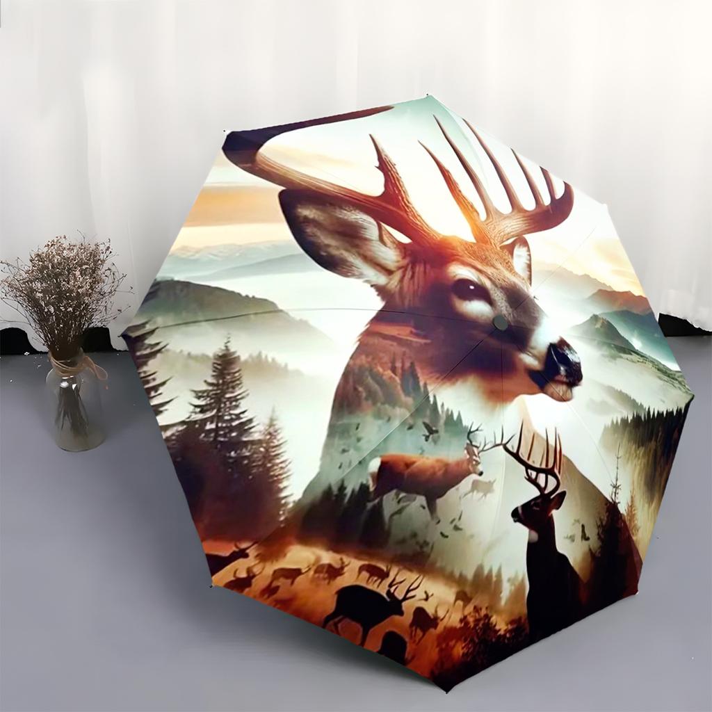 1pc Automatic Folding Umbrella | Deer and Nature Landscape Pattern, Portable and Foldable Design for Travel, Outdoor Use, Idea