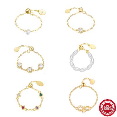 Серебро S925 Легкая роскошь Инкрустированный цирконом Геометрическое жемчужное кольцо Женское открывающееся Прилив Серебряные украшения Регулируемое кольцо-цепочка