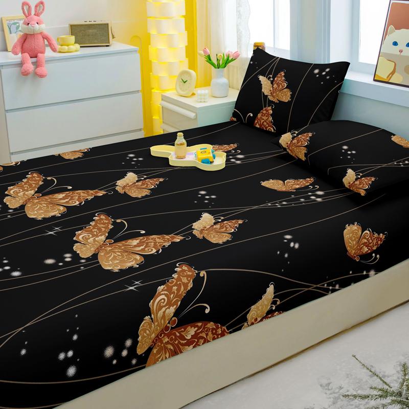 Simple 3-Piece Modern Butterfly Pattern Matte Three Piece Fitted Sheet Set, Bedroom Printed Bed Cover Set, Bedding