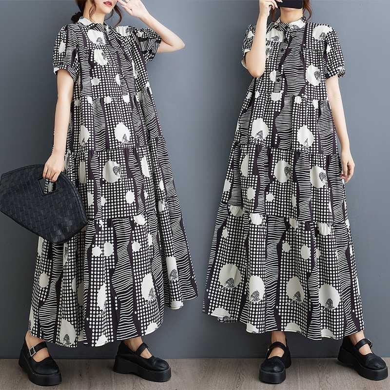 Короткий рукав свободного покроя плюс размер модный принт утягивающее платье средней длины