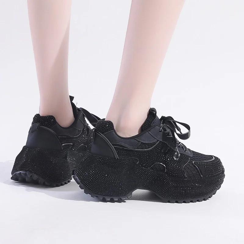 Мода 7см Летние Роскошные Дизайнерские Женские Кроссовки Daddy со Стразами Толстая Подошва Сетка Розовые Милые Женские Тенниски на Платформе Весна