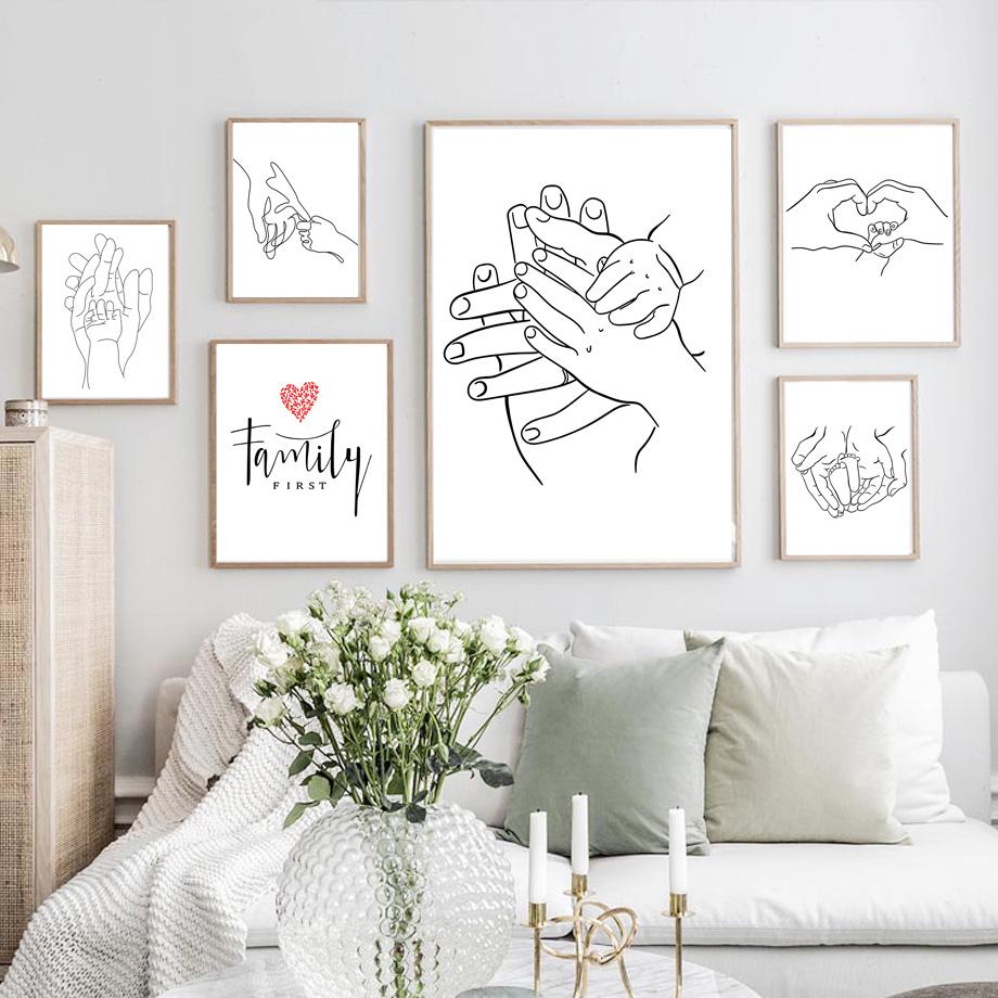 Abstract Line Mom Baby Hand Heart Minimalist Wall Art Canvas Painting Nordic Posters And Prints Wall Pictures Kids Room Decor