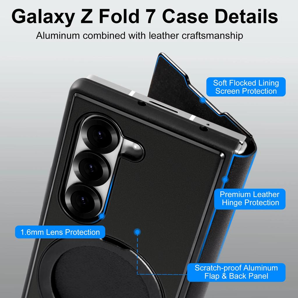 Oatsbasf Phone Case for Samsung Galaxy Z Fold 7 With Magnetic Ring Stand 360° Rotation Leather Dropproof Protective Full Cover