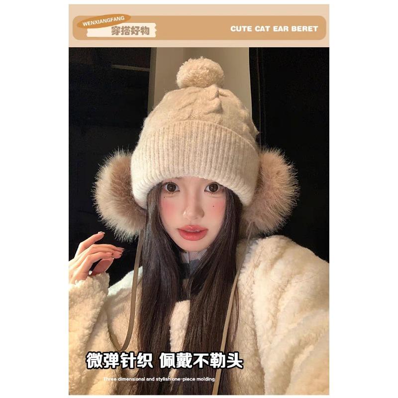 Women S Korean Style Large Head Warm Knit Hat Ear Protection Sweet Winter Hat