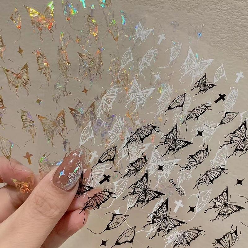 Серебряные черные белые бабочки 3D наклейки для ногтей металлические бабочки звезды распятия самоклеящиеся слайдеры обертывания маникюрные гель-лаки наклейки