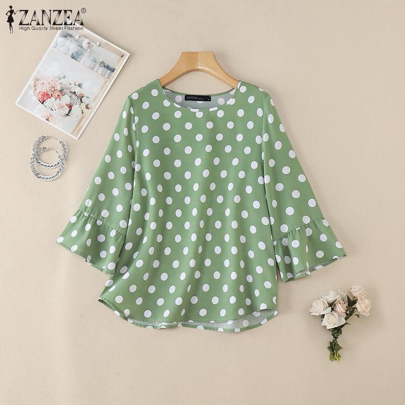 ZANZEA Женская повседневная блузка с круглым вырезом и рукавом 3/4, свободная, в горошек