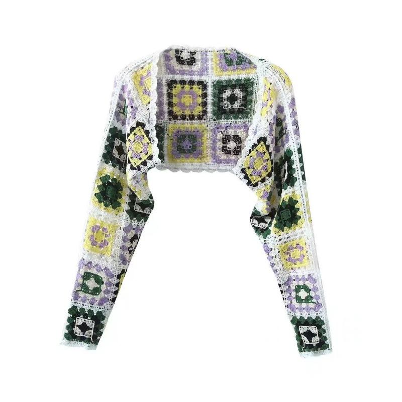 Винтажный красочный ажурный вязаный кардиган с длинными рукавами, женский осенний кардиган, короткие шикарные топы
