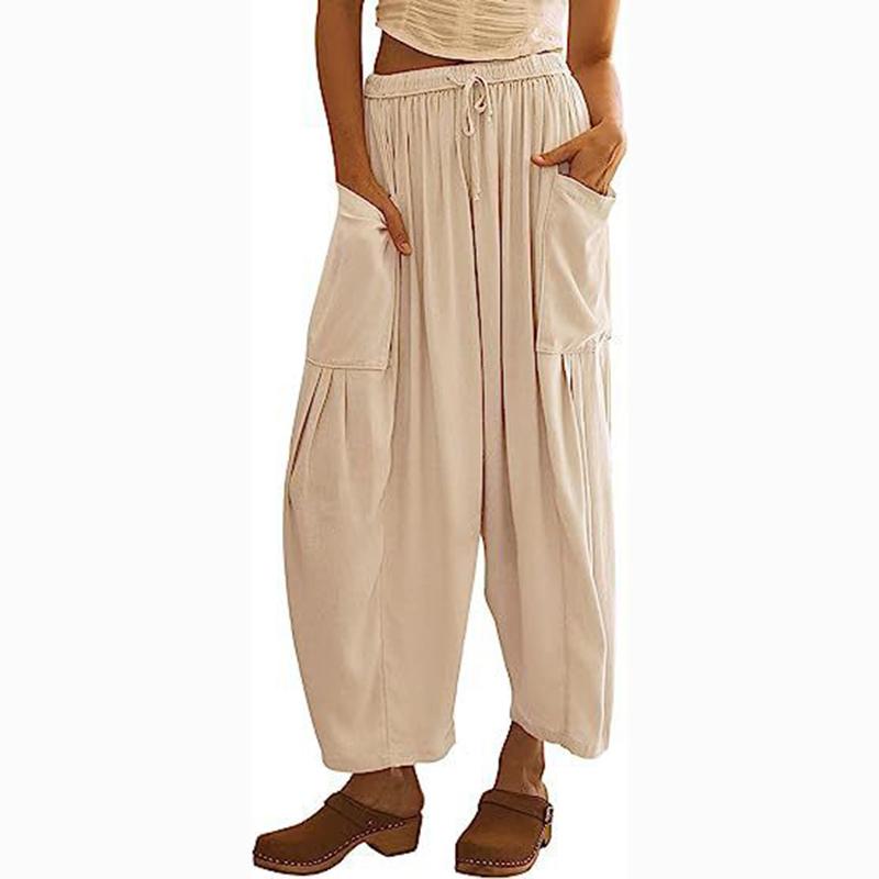 Fashion Lace-up Elastic Waist Pleated Casual Pants Women High Waisted Wide Leg Pants Women Loose Solid Office Lady Trouser 24162