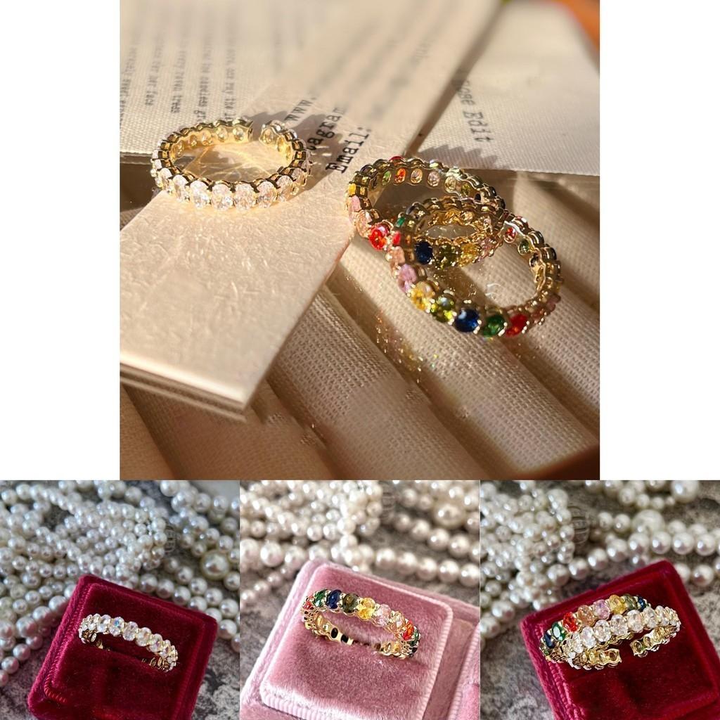 Dazzling Gold Oval Adjustable Ring With Colorful Rainbow Stones For Trendy Women's Summer Style