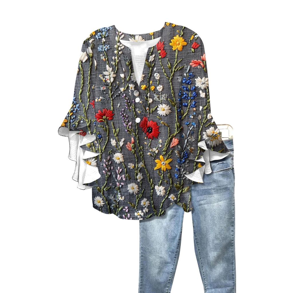 Summer Women's Tops V Neck Three Quarter Sleeve Shirt Vintage Floral Print Tops Casual Shirts