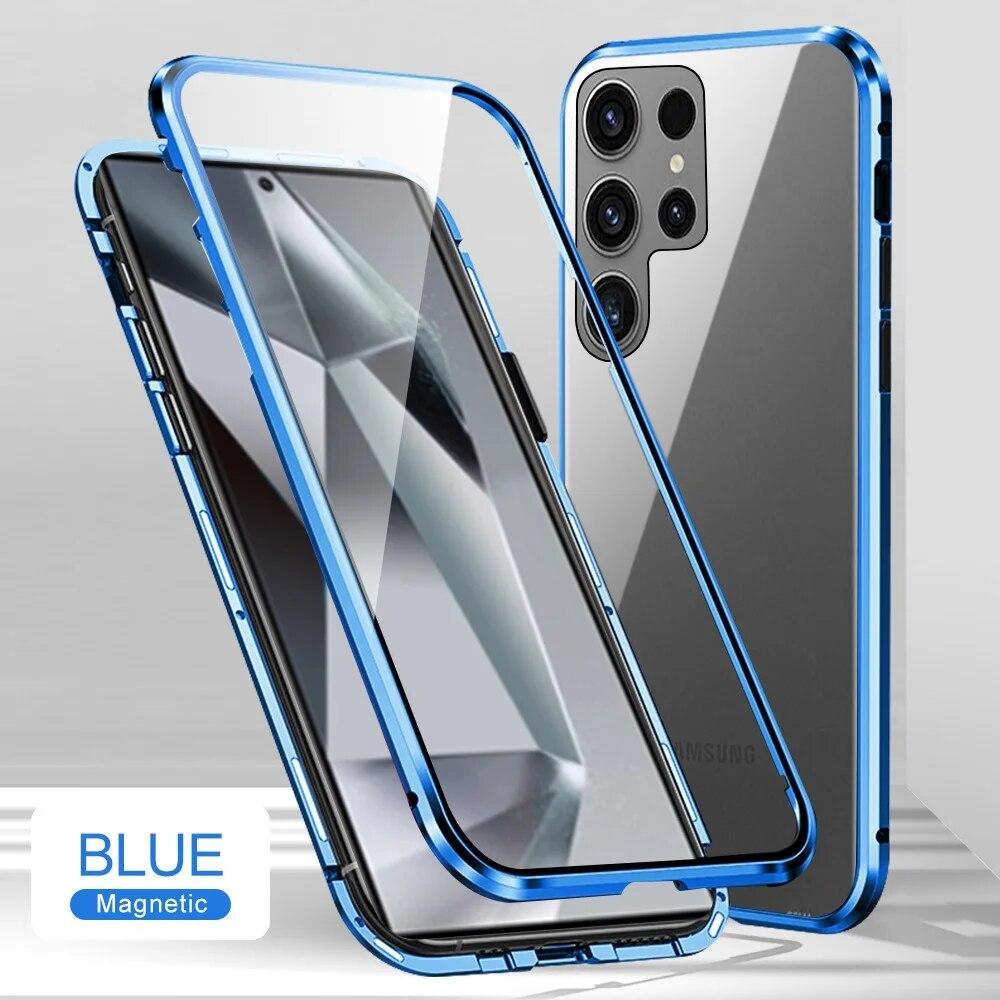 Магнитный чехол для телефона на 360° для Samsung Galaxy S24 S23 S22 Ultra S20 FE A14 A24 A34 A54 A13 A23 A33 A53 A52, защитная оболочка из закаленного стекла с полным покрытием