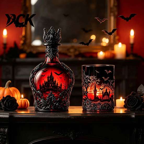 Dark Fantasy Wine Container 1200ML Halloween Bat Castle Whiskey Bottle, 320ML Vintage Gothic Glass Decanter Cup, Decorative Liquor Flask for