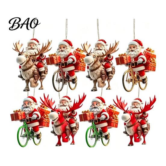 Creative Festive Home Ornaments 8/16/24/32Pcs 2D Flat Christmas Wooden Ornaments, Santa Claus Riding Bicycle Hanging Rustic Tree Supplies Decor,