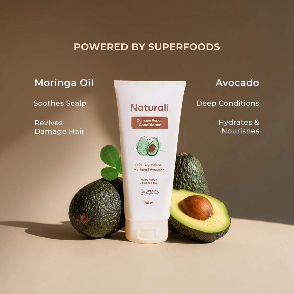 Натуральный кондиционер Naturali для восстановления поврежденных волос с маслом авокадо и моринги | Без сульфатов, без парабенов | Глубоко увлажняет и разглаживает поврежденные волосы | Устраняет секущиеся кончики