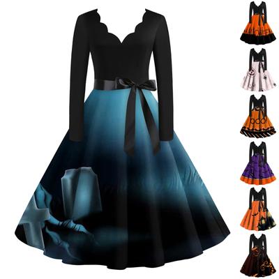 Женское винтажное классическое платье с вырезом на талии и галстуком-бабочкой с длинными рукавами на Хэллоуин с принтом и V-образным вырезом, свободное платье