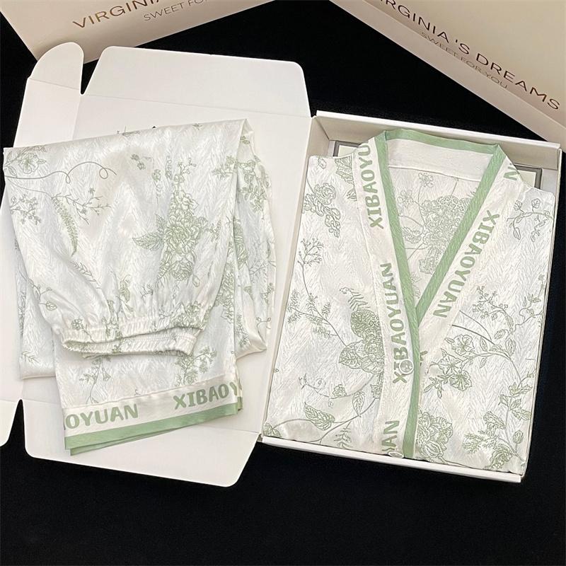 Пижама женская атласная пижама с длинными рукавами пижамный костюм с цветочным принтом высококачественный ледяной шелк можно носить на улице