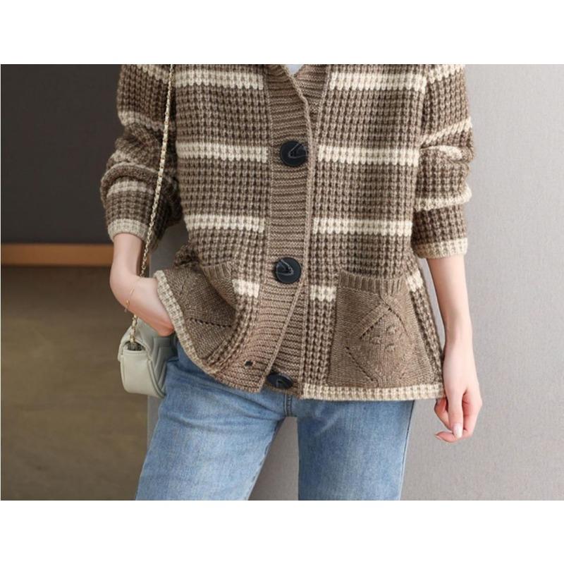 Ретро мода полосатый капюшон короткий свитер куртка женская осень и зима новый свободный вязаный кардиган внешний топ
