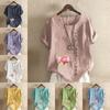 Women's Fashion Round Neck Short Sleeve T-shirt Casual Cotton Linen Graphic Shirt Leisure Loose Flower Prined Summer Blouse Tops Plus Size