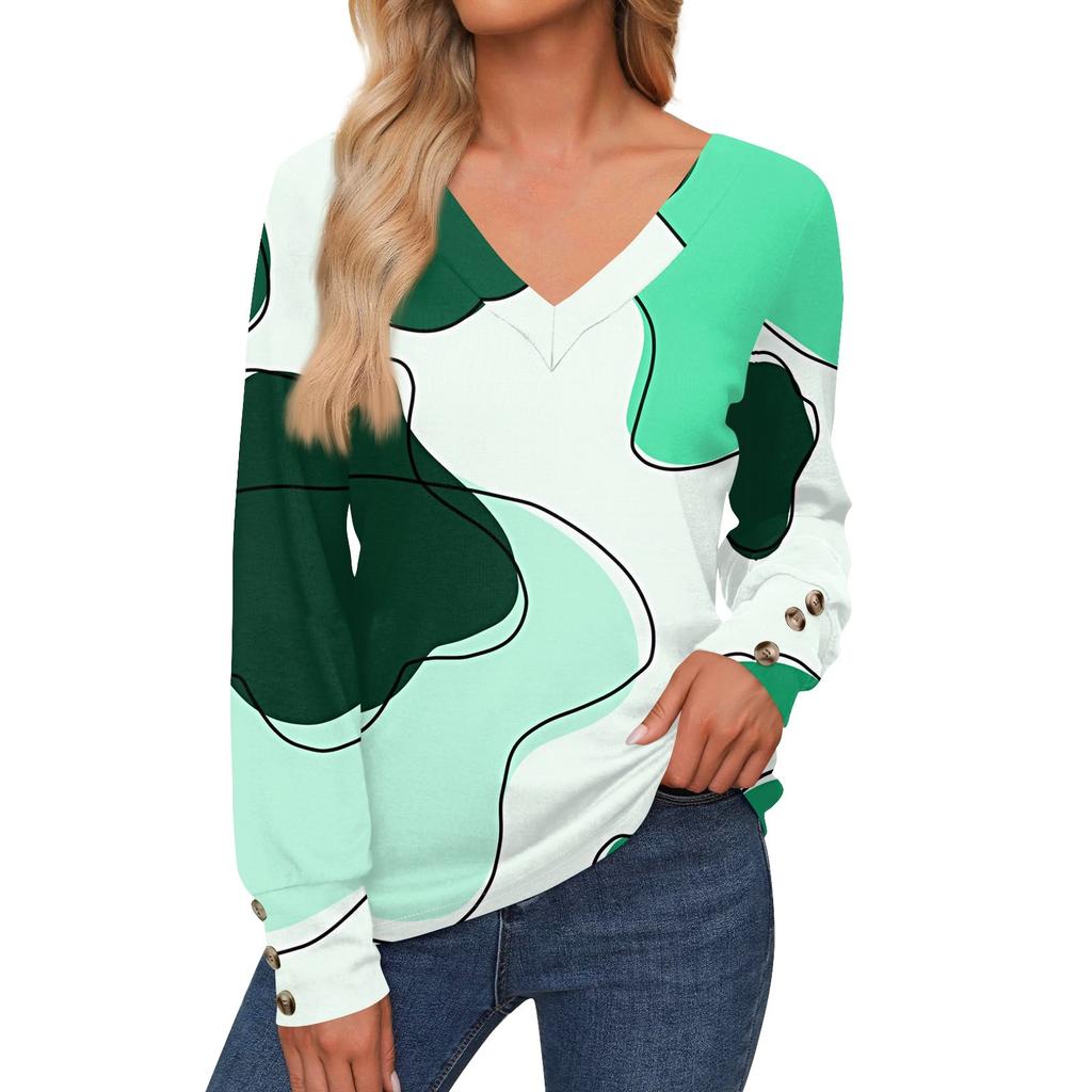 Женская повседневная модная рубашка с длинными рукавами и манжетами на пуговицах, свободная футболка с V-образным вырезом, осенняя одежда