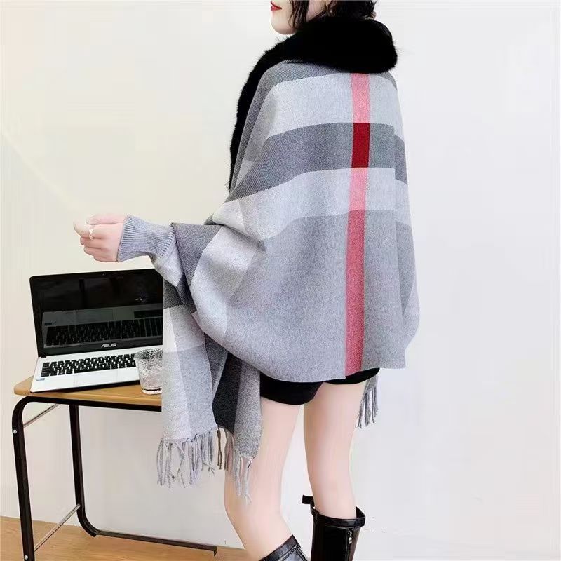 Шаль осенне-зимняя вязаная верхняя клетчатая кисточка шарф двойного назначения теплая накидка свитер куртка для женщин кардиганы