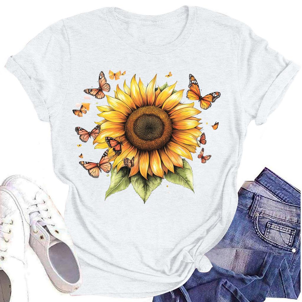 Женская повседневная футболка с круглым вырезом и цветочным принтом, короткий рукав