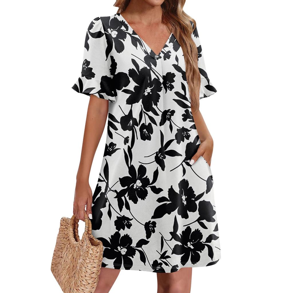 Летние платья для женщин с V-образным вырезом, оборками и коротким рукавом, повседневное свободное платье с принтом, пляжное платье с карманами
