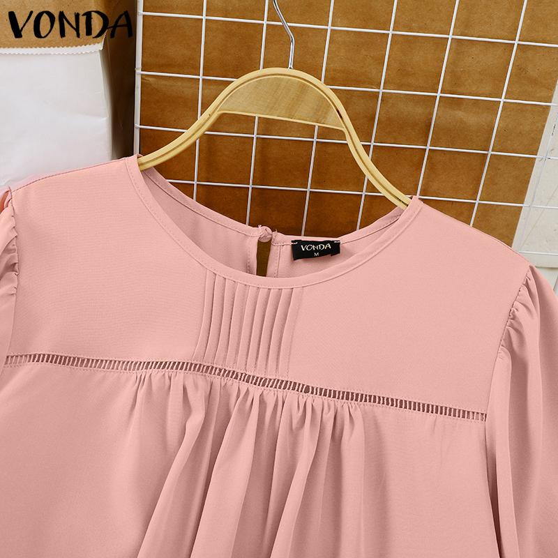 VONDA Women Summer Round Neck Lace Short Sleeve Blouses