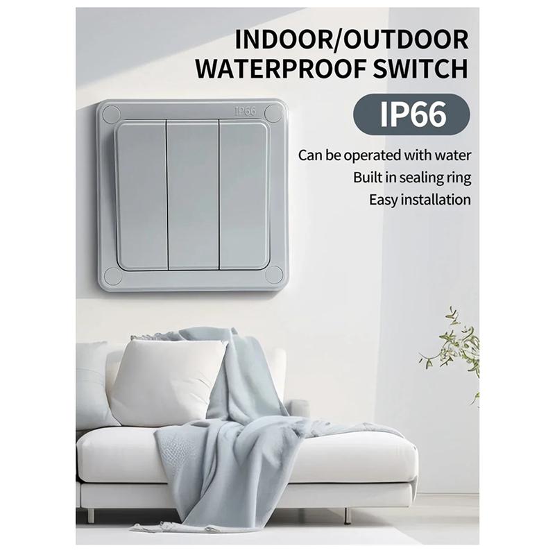 AT19-Wall Light Switch 2 Way Outdoor IP66 Waterproof Push Button Power Switch 1/3 Gang 16A Dust-Proof For Home Garden