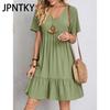 JPNTKY Women's Fashion Summer Spring Solid Color Print Short Sleeve V-Neck Casual Dresses