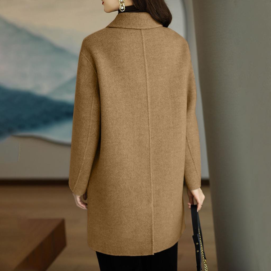 Women's Solid Color Long Sleeve Double Breasted Mid Length Pocket Woolen Coat