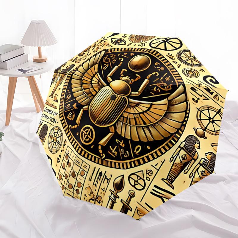 1pc Egyptian Symbols Automatic Open/close, Heavy-Duty Iron Frame & 8-Rib structure, Compact Folding Umbrella for Women/Men, All-Season Travel 9