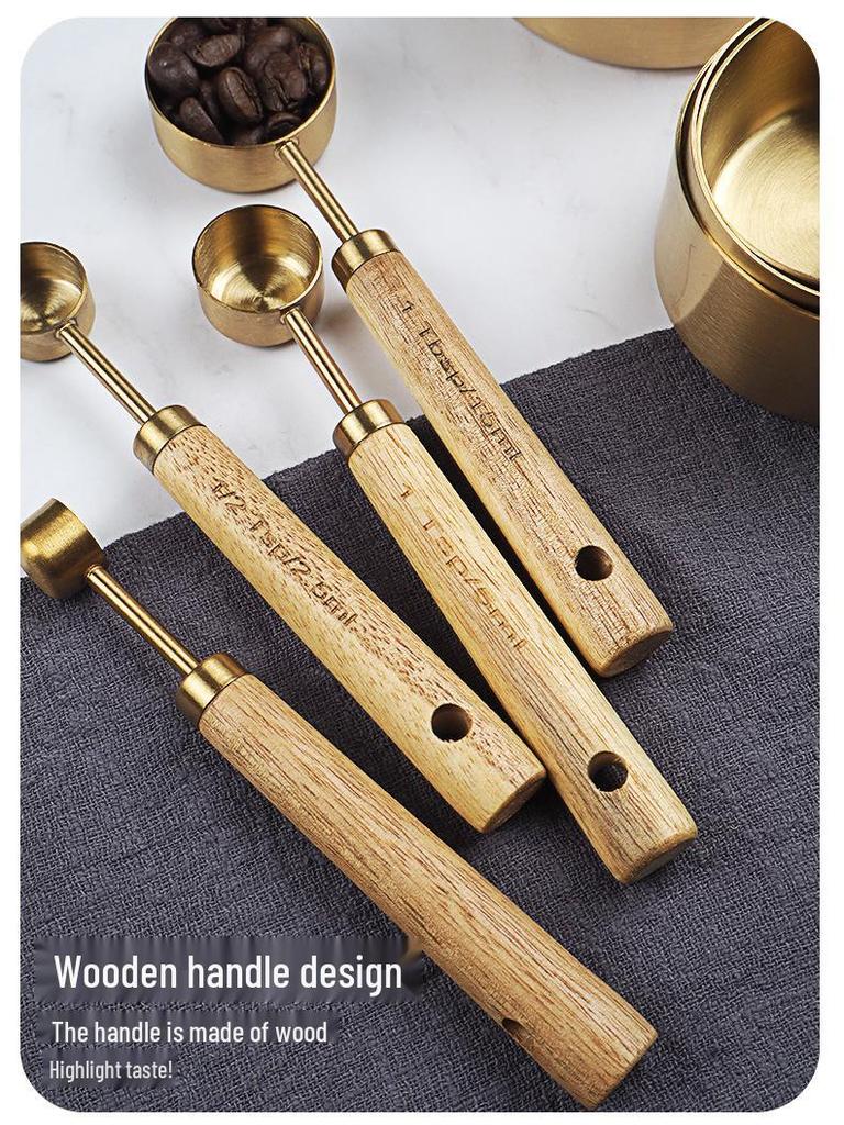 Набор мерных чашек и ложек из нержавеющей стали с ручками из акации - 8 предметов для выпечки и барменского дела