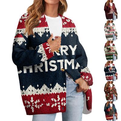 Женский модный кардиган с длинным рукавом, V-образным вырезом, на пуговицах, свободного кроя, с рождественским принтом