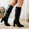Retro Solid Brown Pu Knee-High Boots Women 2025 Winter Pointed Toe High Heel Western Cowboy Boots Slip On Long Booties Plus Size