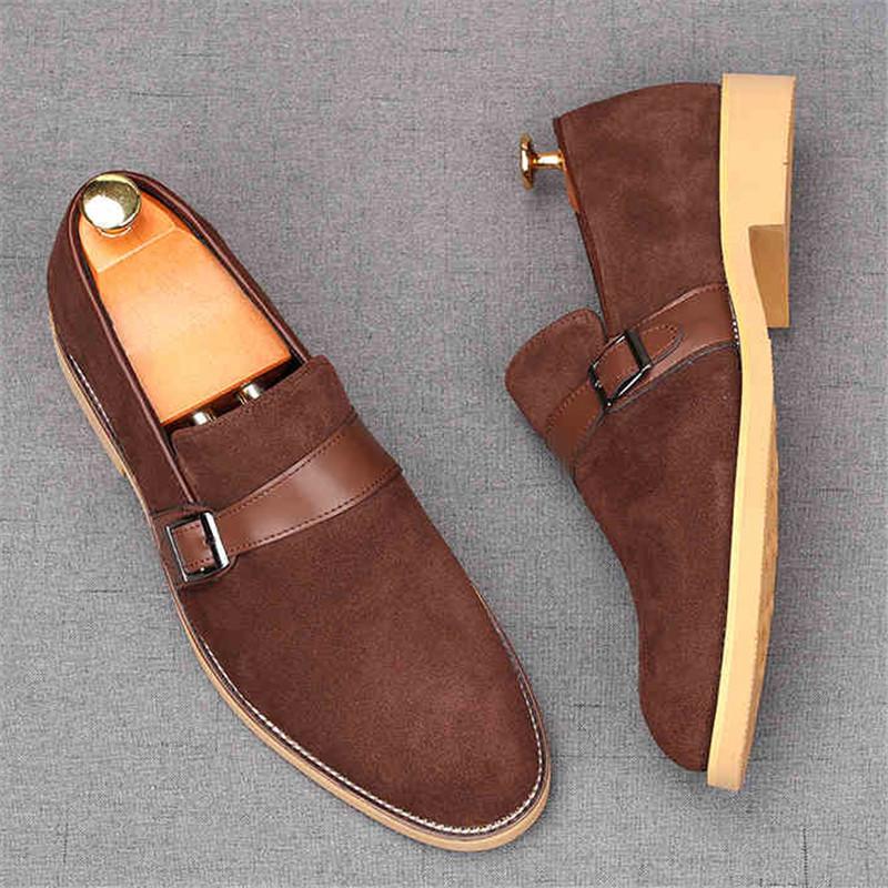New Men's Pointed Genuine Leather Flats Monk Strap Shoes Brown Yellow Designer Male Homecoming Wedding Dress Footwear