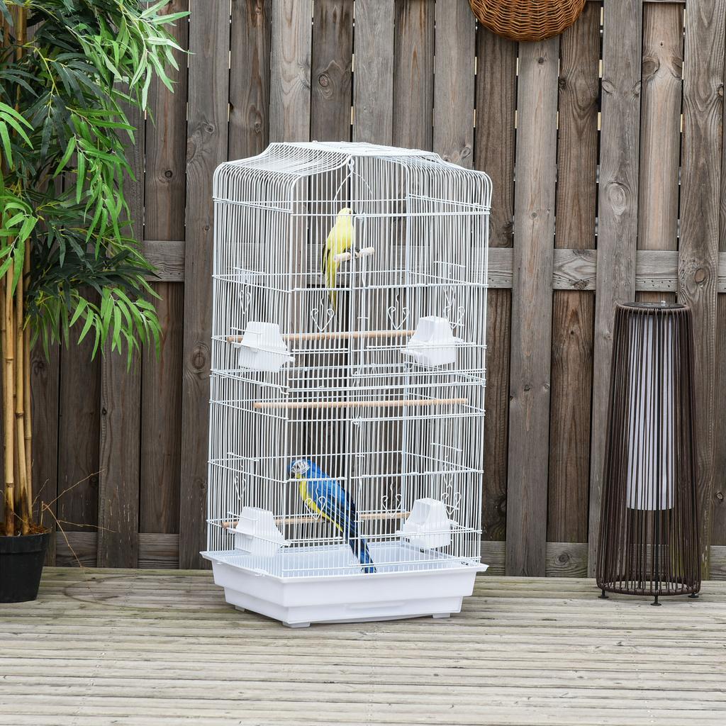 Portable Bird Cage with Handle, Removable Tray and Doors, Budgie Aviary with Wooden Perches, Swing and Food Bowls, 46.5x35.5x92cm, White