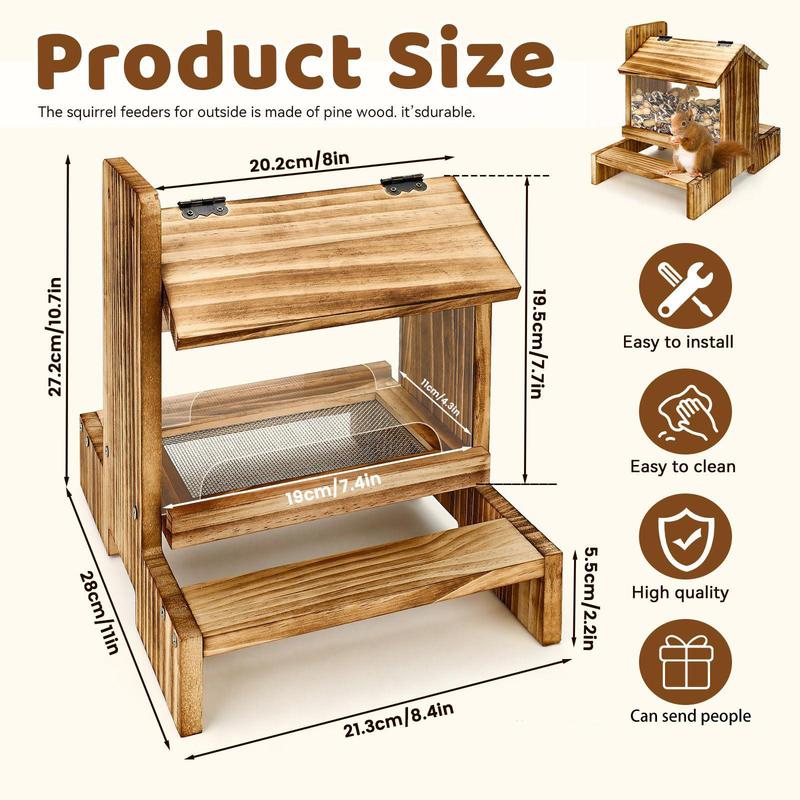 Squirrel Feeder Wood Hanging Pet Food Feeder Bird Proof Weatherproof Outdoor Feeding Box for Garden Patio Chipmunks