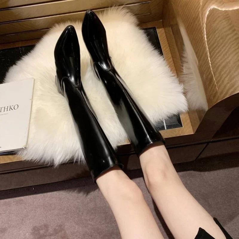 Сапоги до колена в стиле вестерн-ковбой для женщин, длинные сапоги челси, зимние новые лакированные остроносые сапоги, рыцарские сапоги Mujer