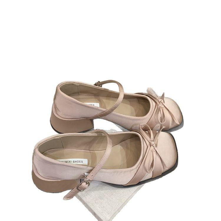 Туфли Мэри Джейн на каблуке с квадратным носком и бантом от французского вечернего ветра, весна-лето 2025, новые однотонные туфли с пряжкой