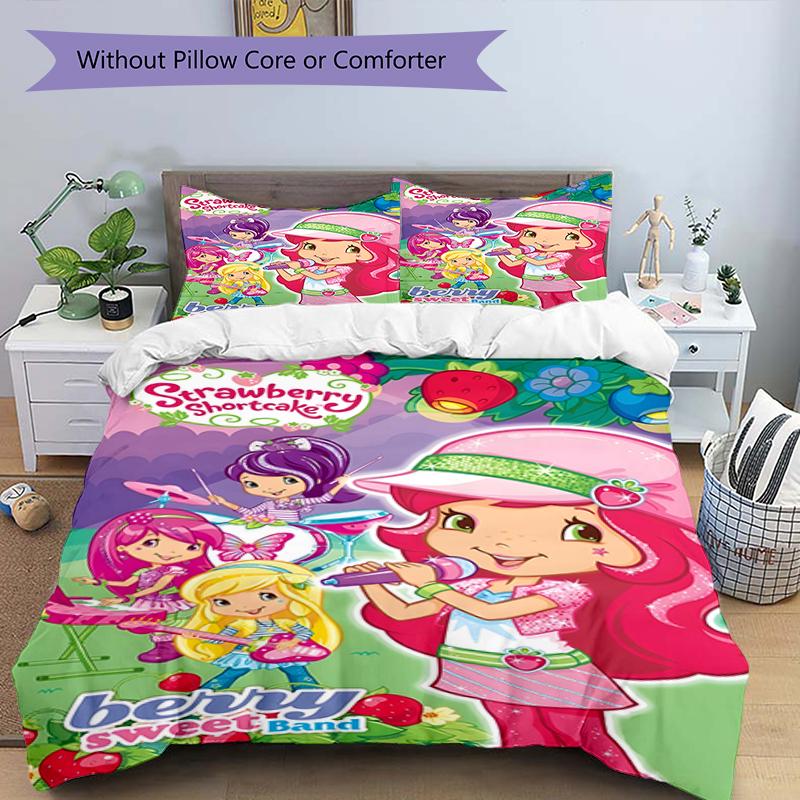 3pcs Strawberry Princess3 Design Cover Set - HD Printed Bedding with 1 Cover and 2 Pillowcases - Perfect for Home and Dorm Decor