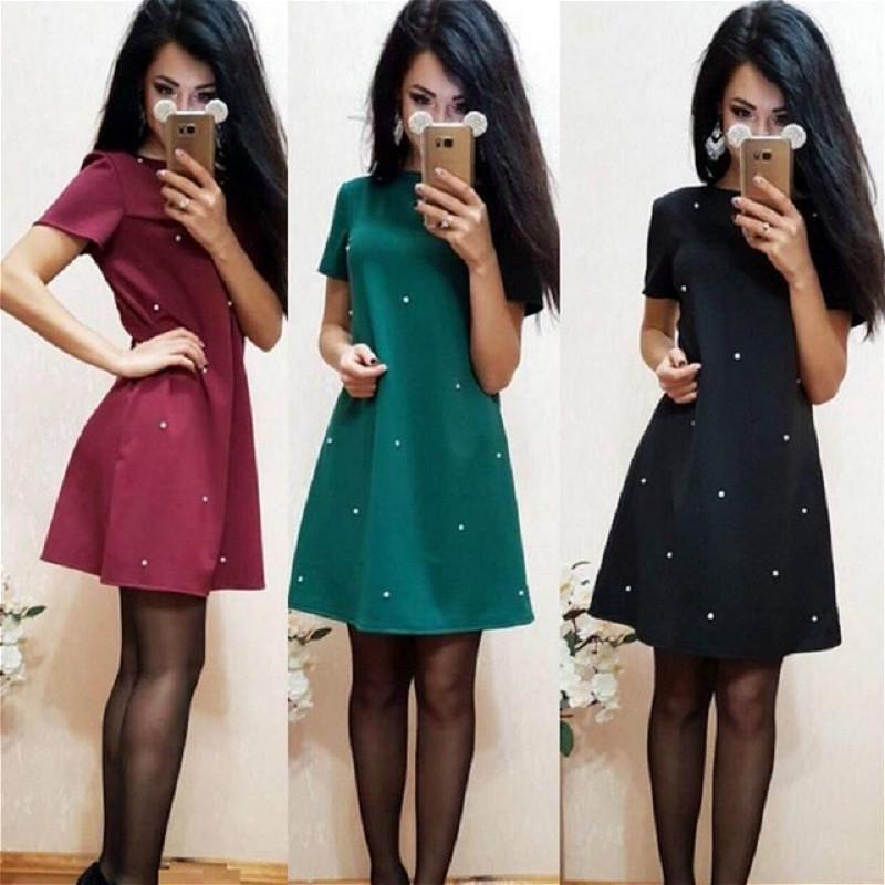 Elegant Casual O Neck Short Sleeve A-line Dress With Studded And Beaded Accents